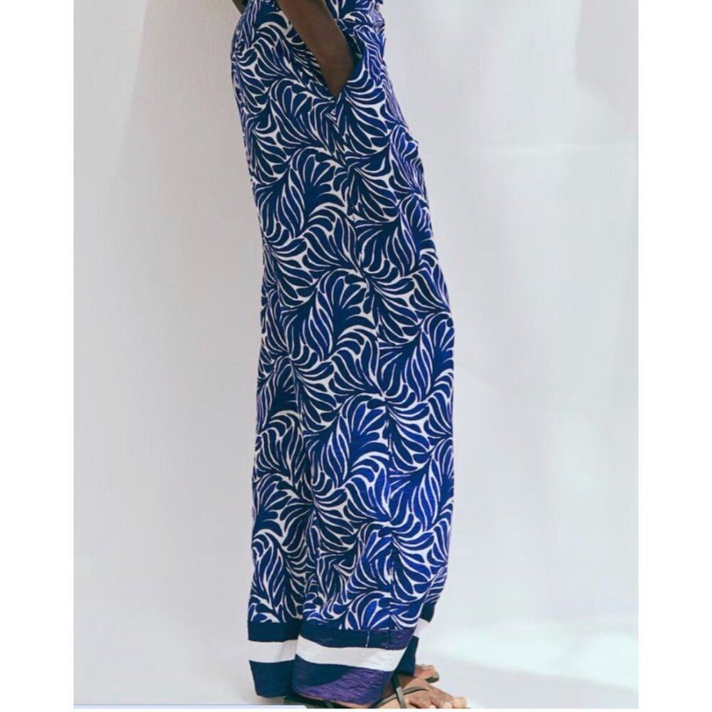 H&M Women’s Dark Blue & White Patterned Wide Leg Trousers Pants Size 10